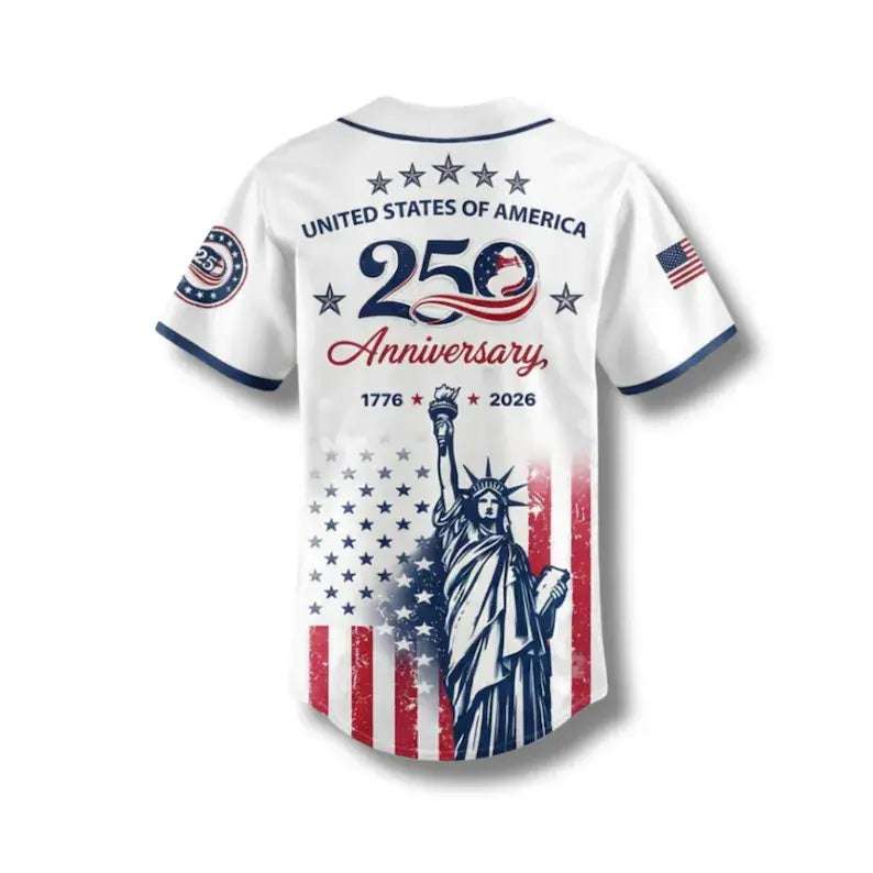 Celebrate Freedom in Style: USA 250th Anniversary Baseball Jersey with Statue of Liberty Print - Perfect for Independence Day and Beyond!