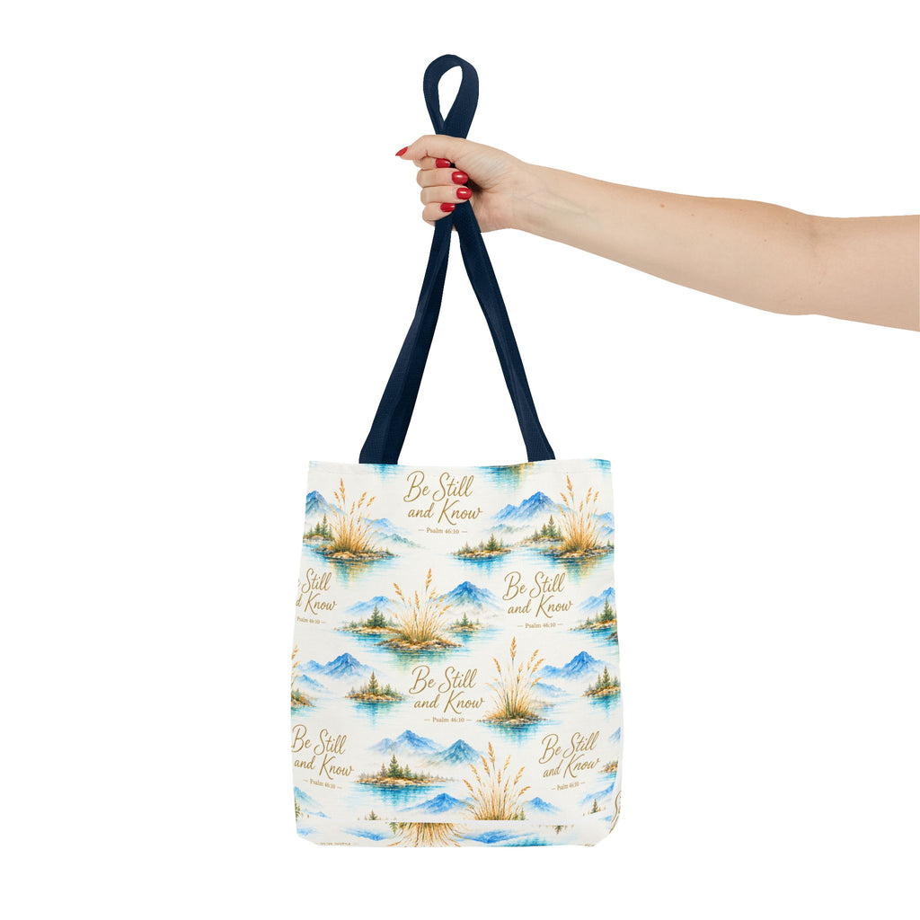 Be Still and Know Tote Bag — Scenic Watercolor Mountains & Reeds All-Over Print