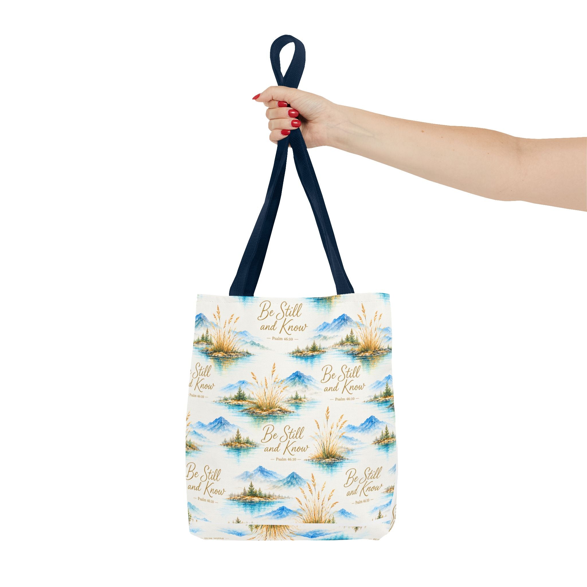 Be Still and Know Tote Bag — Scenic Watercolor Mountains & Reeds All-Over Print
