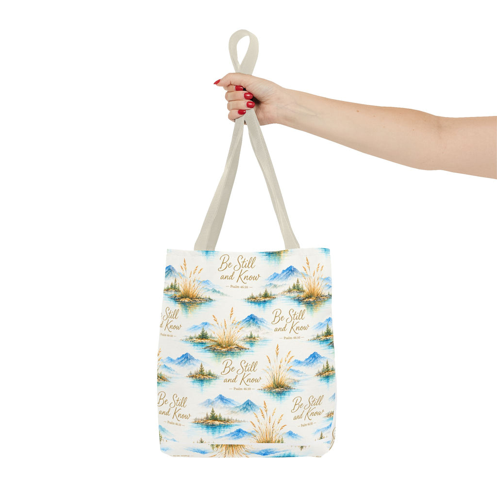 Be Still and Know Tote Bag — Scenic Watercolor Mountains & Reeds All-Over Print