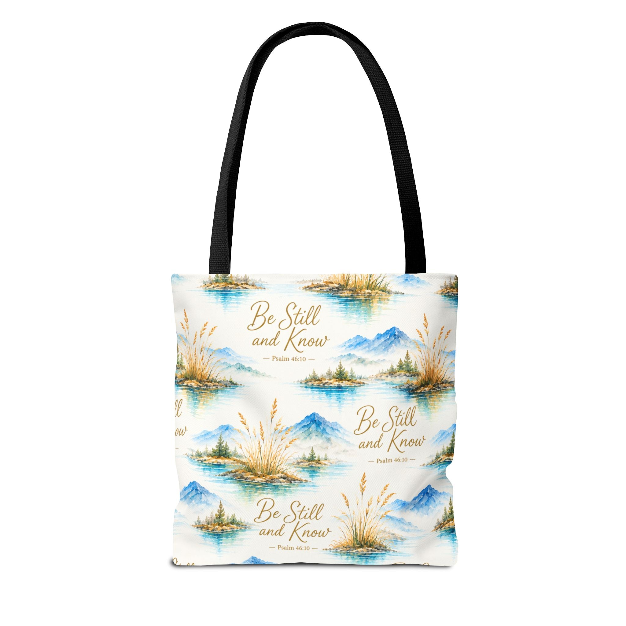 Be Still and Know Tote Bag — Scenic Watercolor Mountains & Reeds All-Over Print