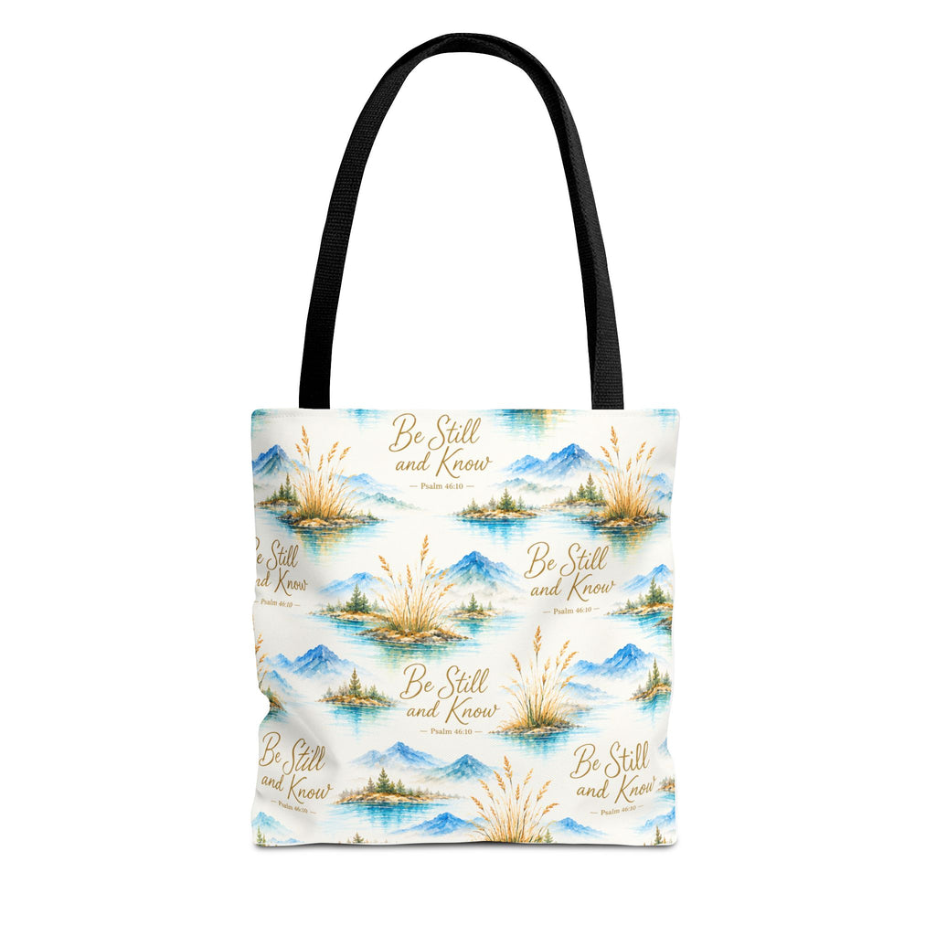 Be Still and Know Tote Bag — Scenic Watercolor Mountains & Reeds All-Over Print