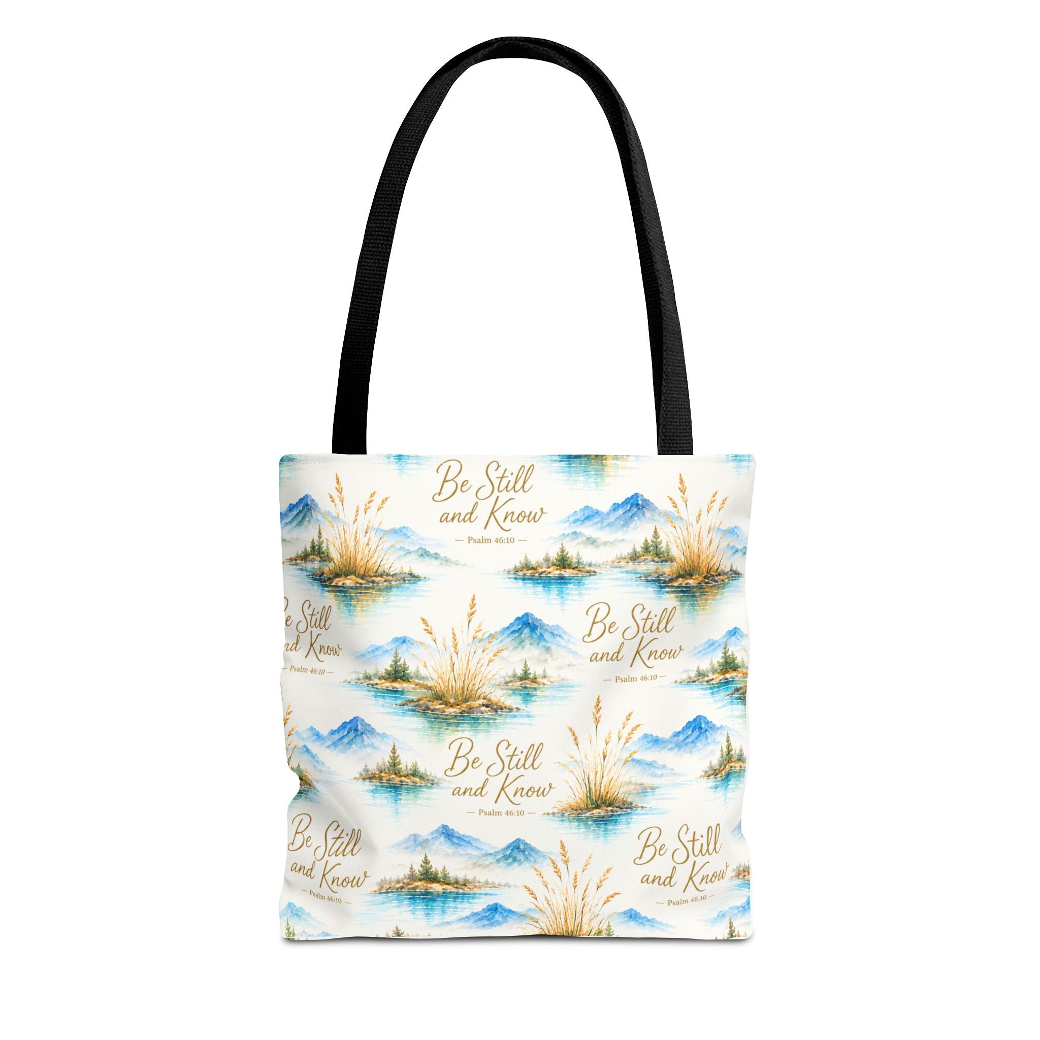 Be Still and Know Tote Bag — Scenic Watercolor Mountains & Reeds All-Over Print