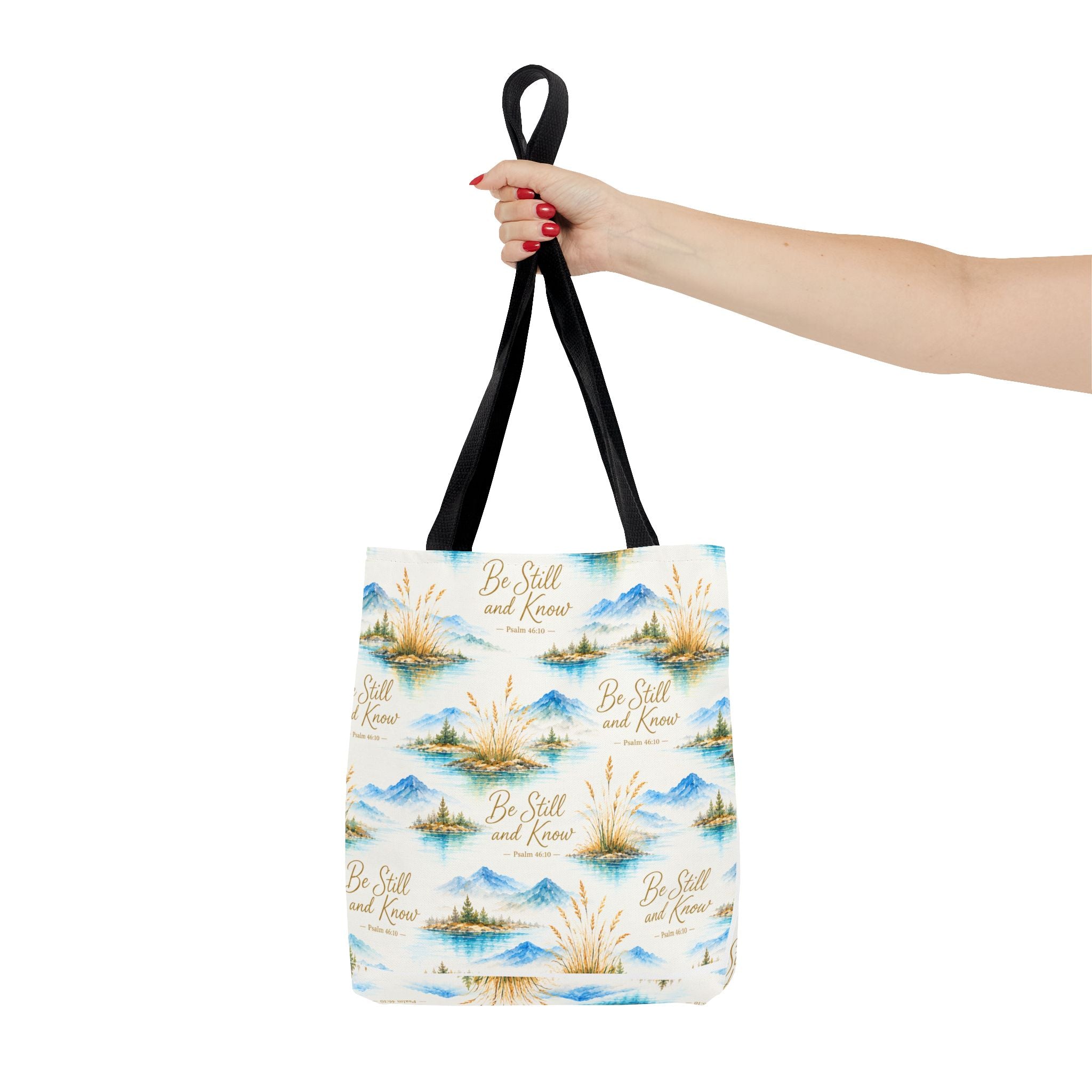 Be Still and Know Tote Bag — Scenic Watercolor Mountains & Reeds All-Over Print