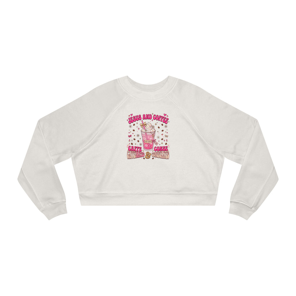 Cropped Pullover — Cute Pink Coffee & Candy Graphic "Cream and Coffee"