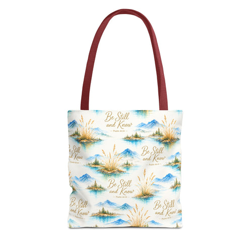 Be Still and Know Tote Bag — Scenic Watercolor Mountains & Reeds All-Over Print