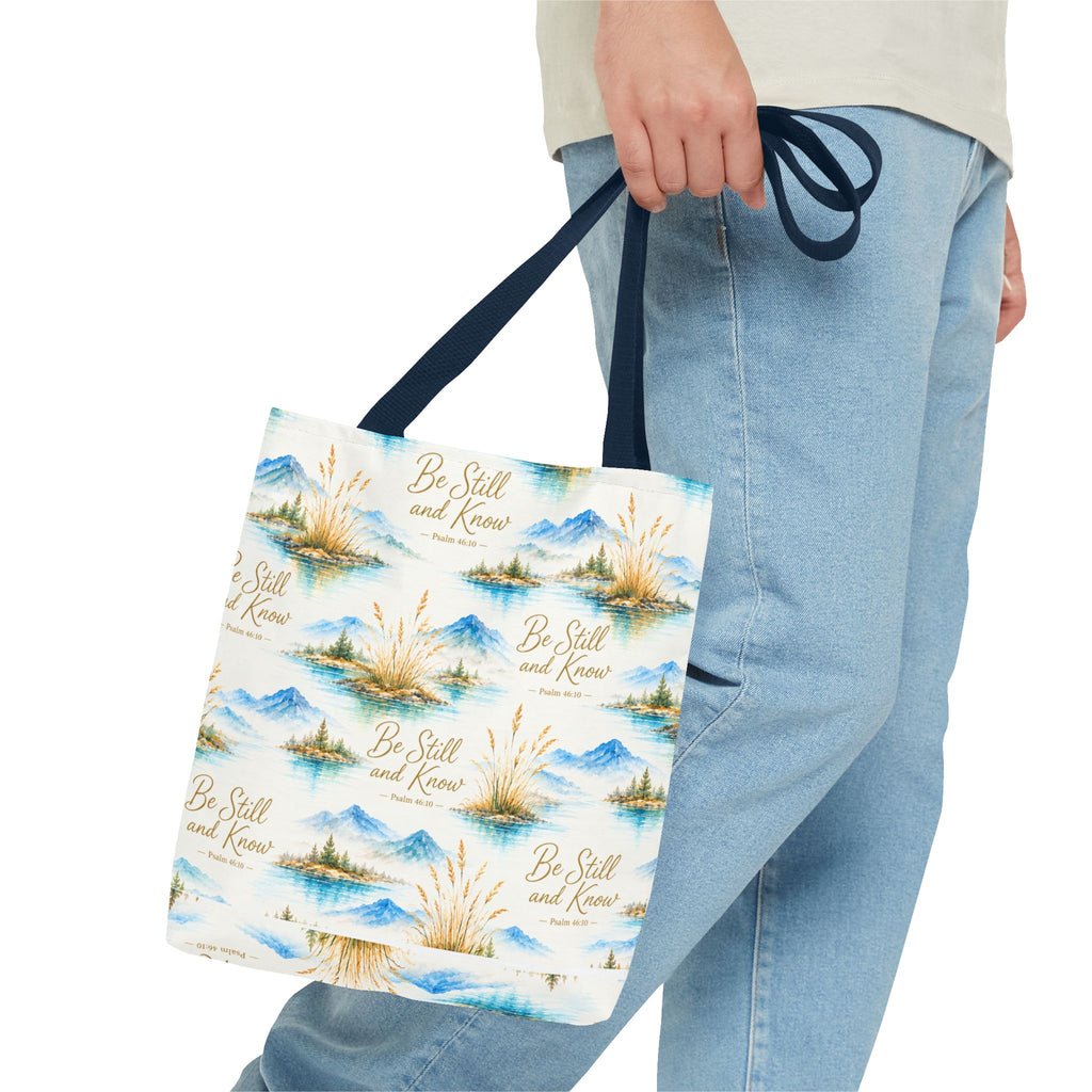 Be Still and Know Tote Bag — Scenic Watercolor Mountains & Reeds All-Over Print