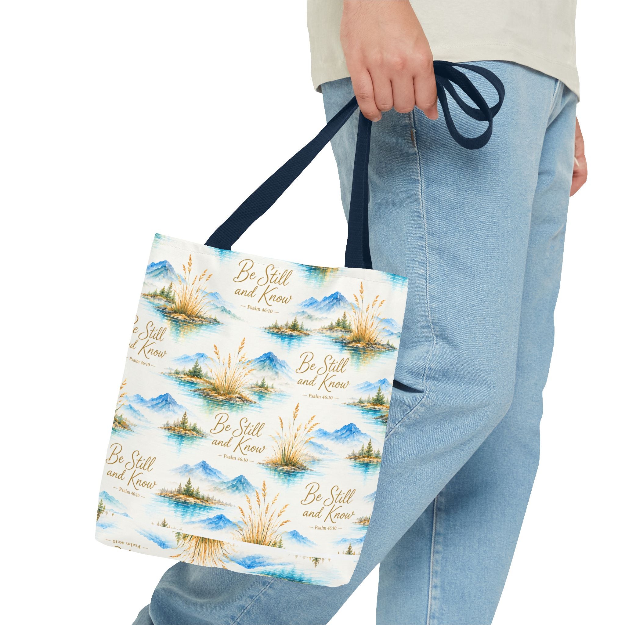 Be Still and Know Tote Bag — Scenic Watercolor Mountains & Reeds All-Over Print