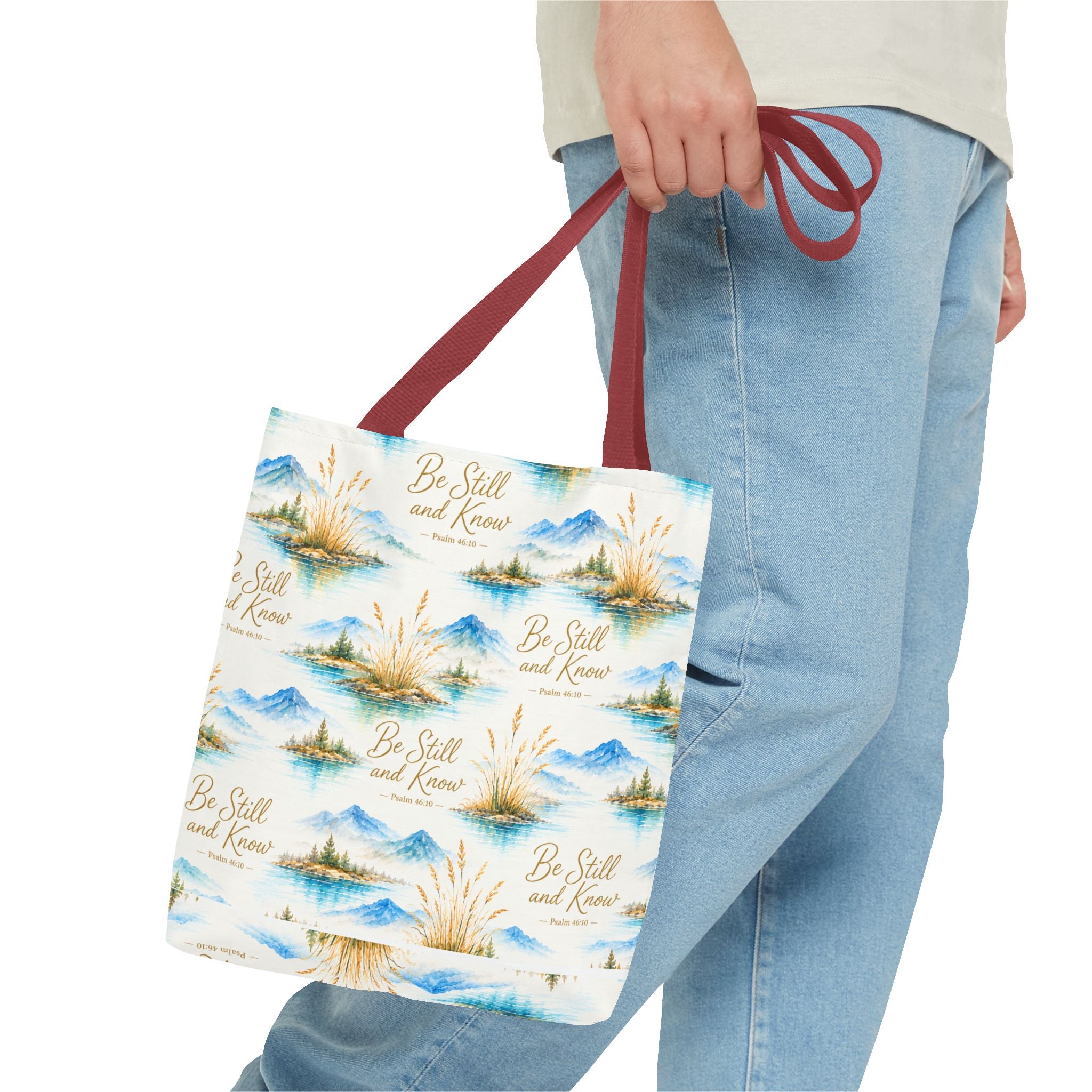 Be Still and Know Tote Bag — Scenic Watercolor Mountains & Reeds All-Over Print