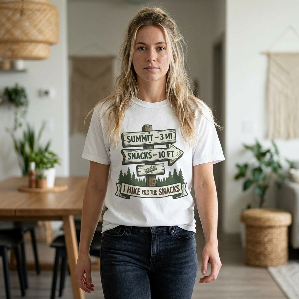 Hiking T-Shirt — "I Hike for the Snacks" Outdoor Adventure Tee
