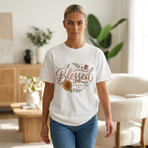 Blessed Sunflower T-Shirt — "Blessed, Grateful Heart" Floral Faith Tee