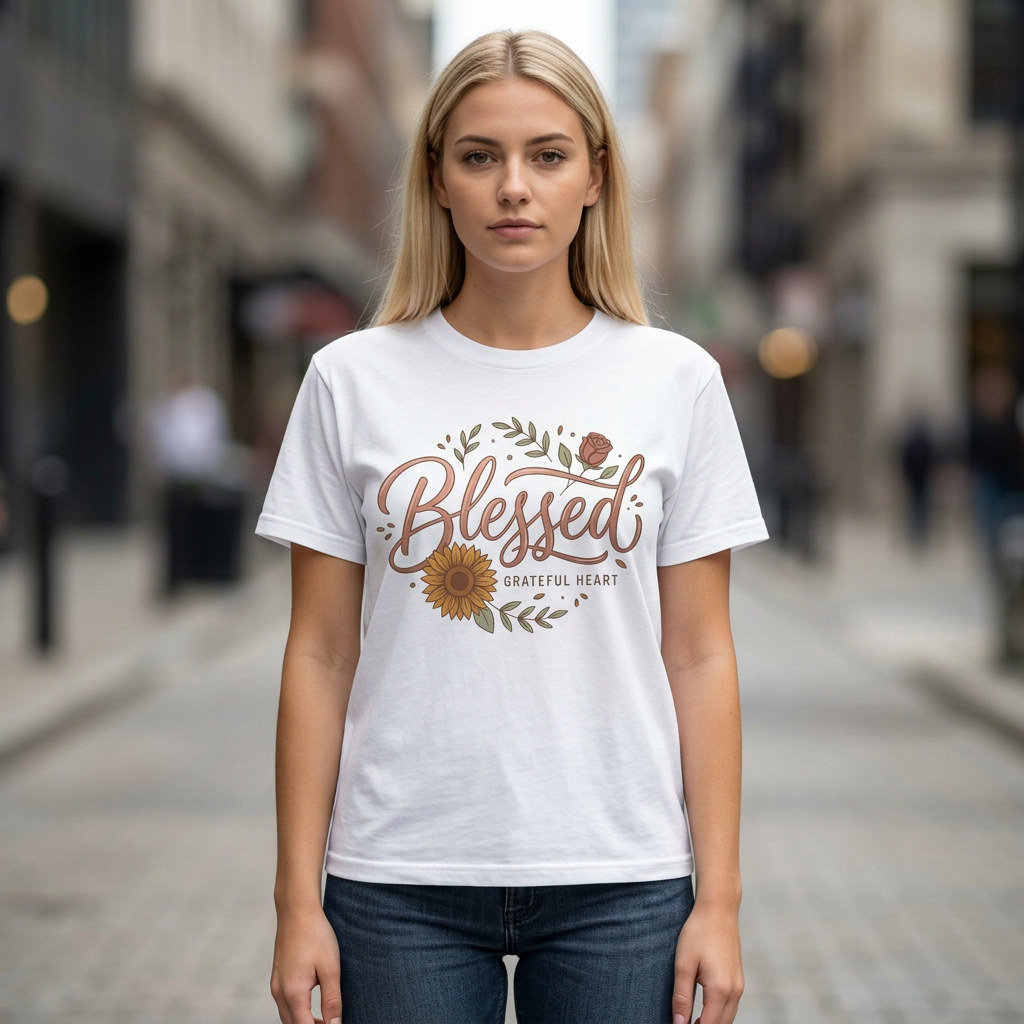 Blessed Sunflower T-Shirt — "Blessed, Grateful Heart" Floral Faith Tee