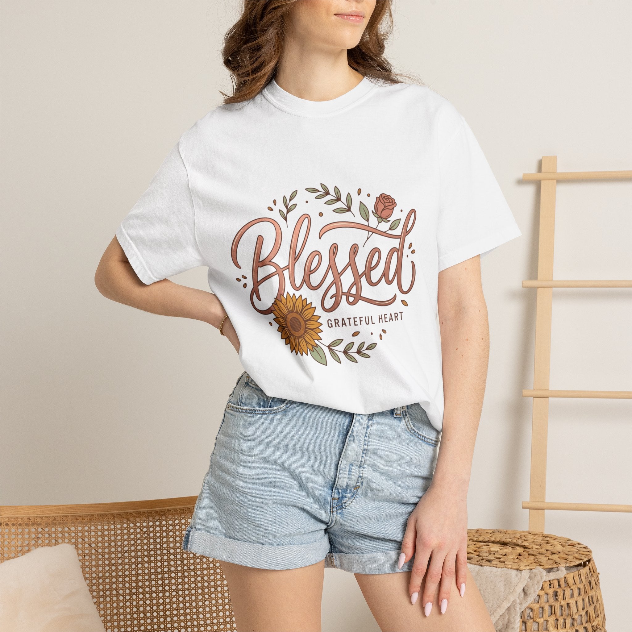 Blessed Sunflower T-Shirt — "Blessed, Grateful Heart" Floral Faith Tee