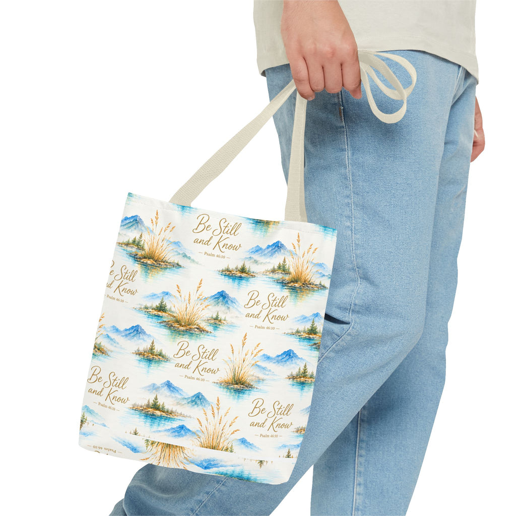 Be Still and Know Tote Bag — Scenic Watercolor Mountains & Reeds All-Over Print