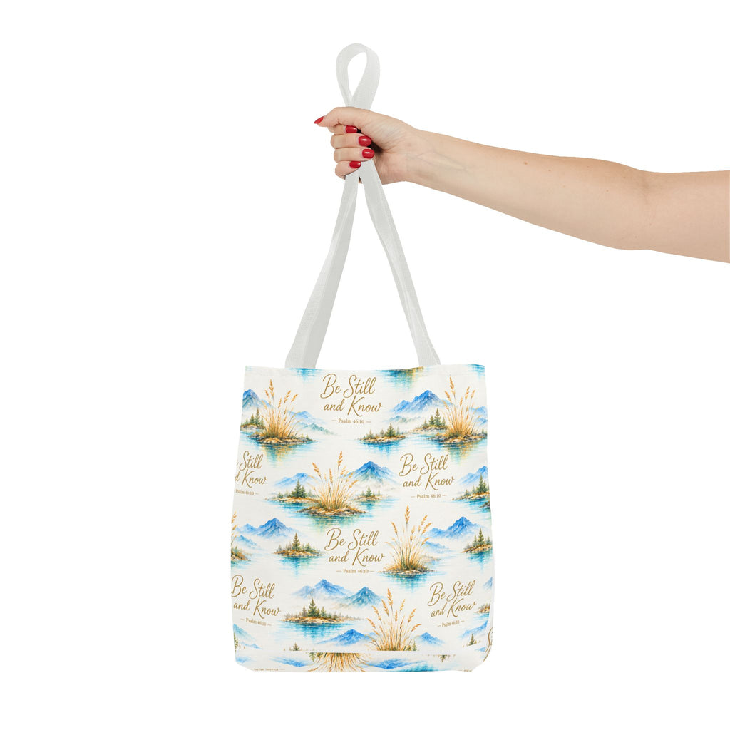 Be Still and Know Tote Bag — Scenic Watercolor Mountains & Reeds All-Over Print