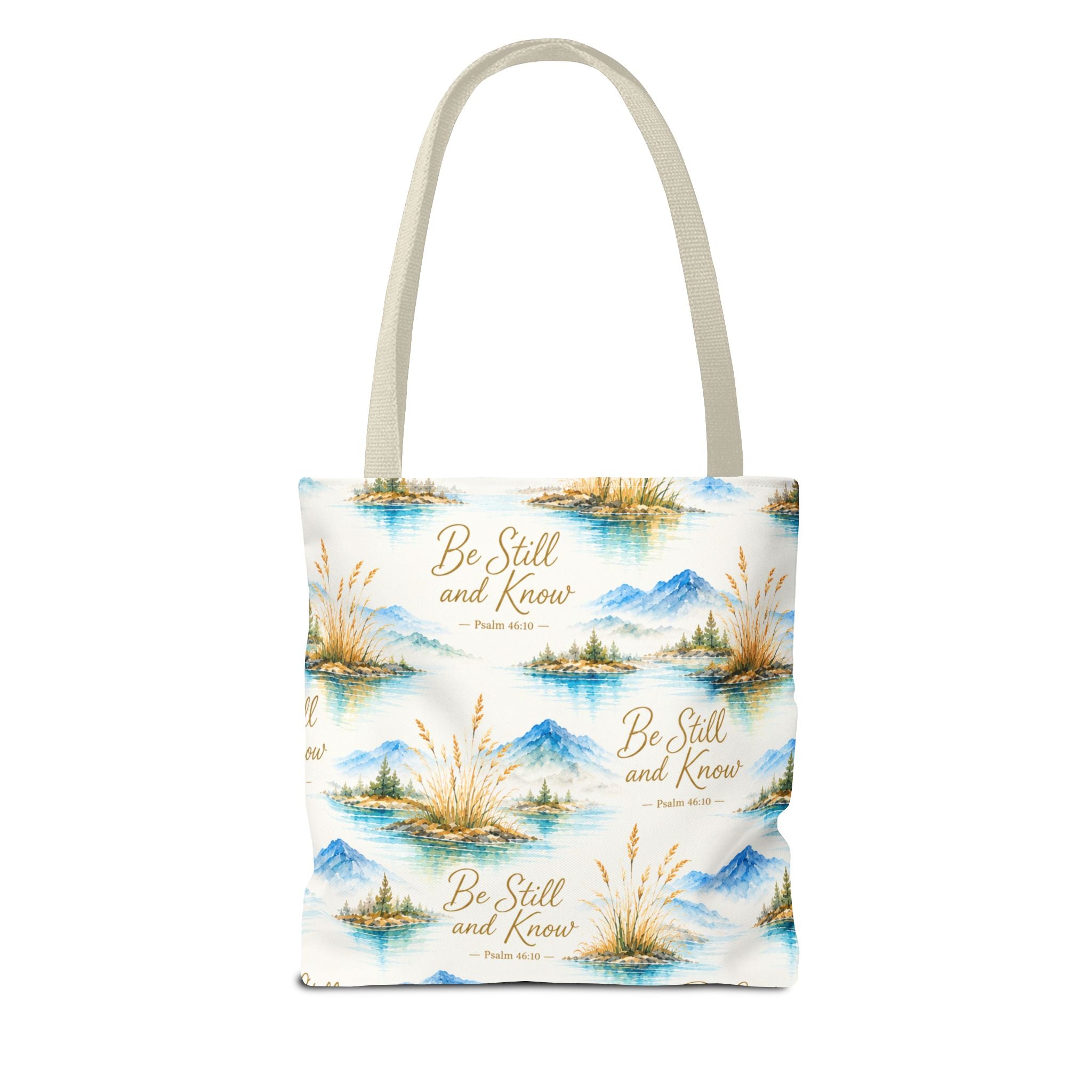 Be Still and Know Tote Bag — Scenic Watercolor Mountains & Reeds All-Over Print