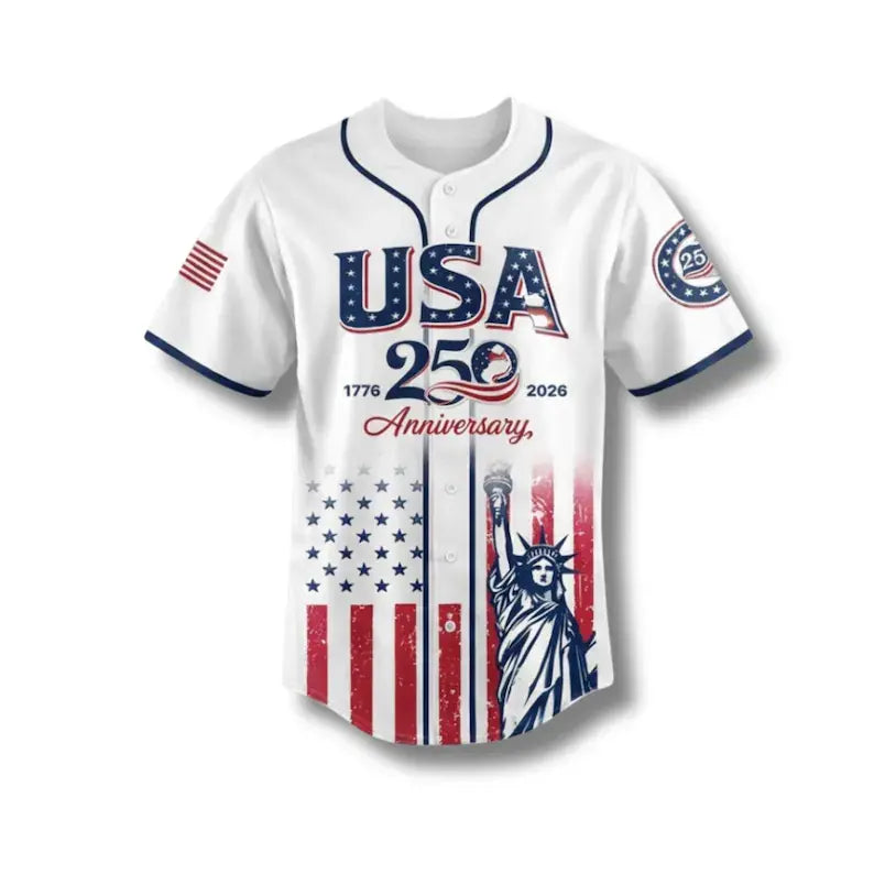 Celebrate Freedom in Style: USA 250th Anniversary Baseball Jersey with Statue of Liberty Print - Perfect for Independence Day and Beyond!