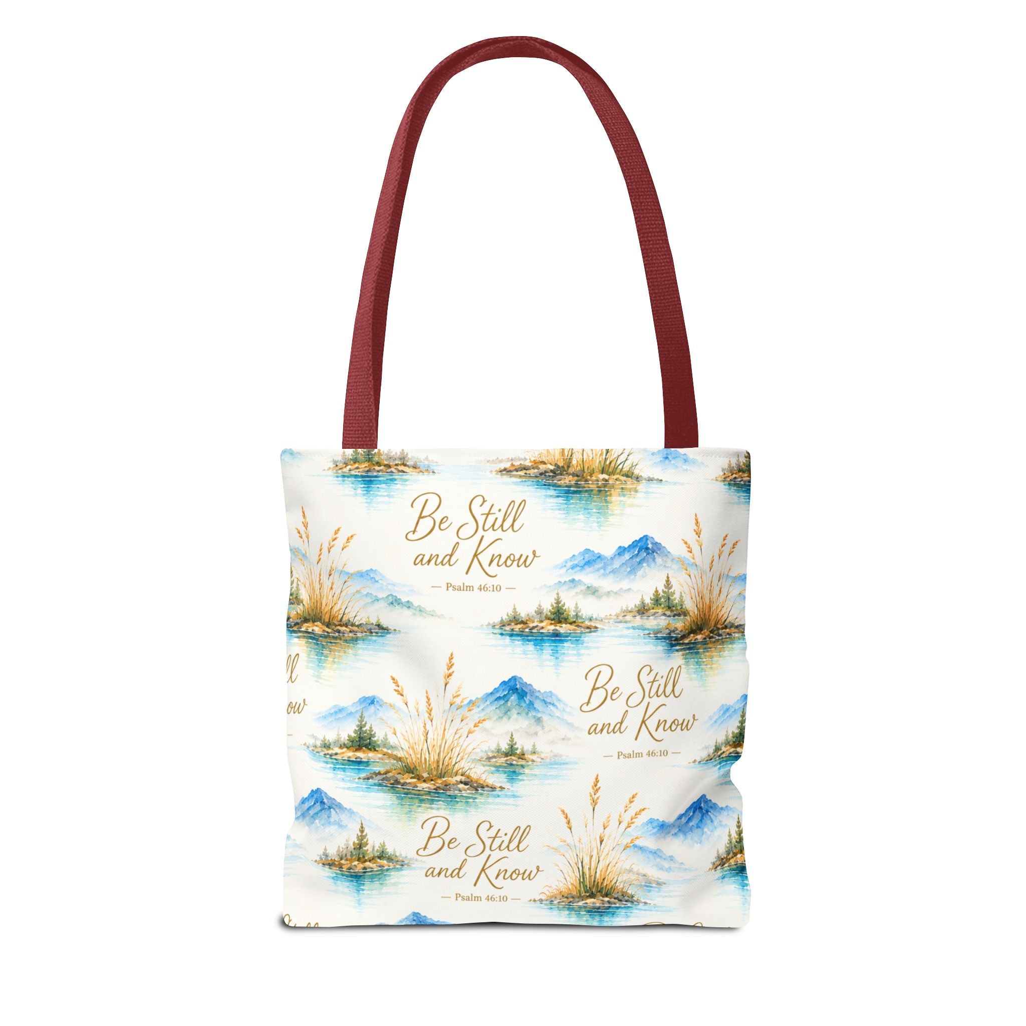 Be Still and Know Tote Bag — Scenic Watercolor Mountains & Reeds All-Over Print
