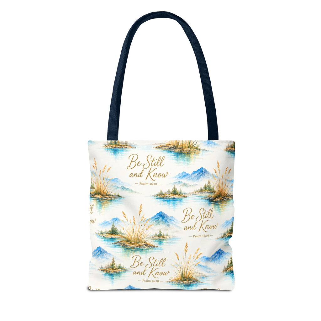 Be Still and Know Tote Bag — Scenic Watercolor Mountains & Reeds All-Over Print