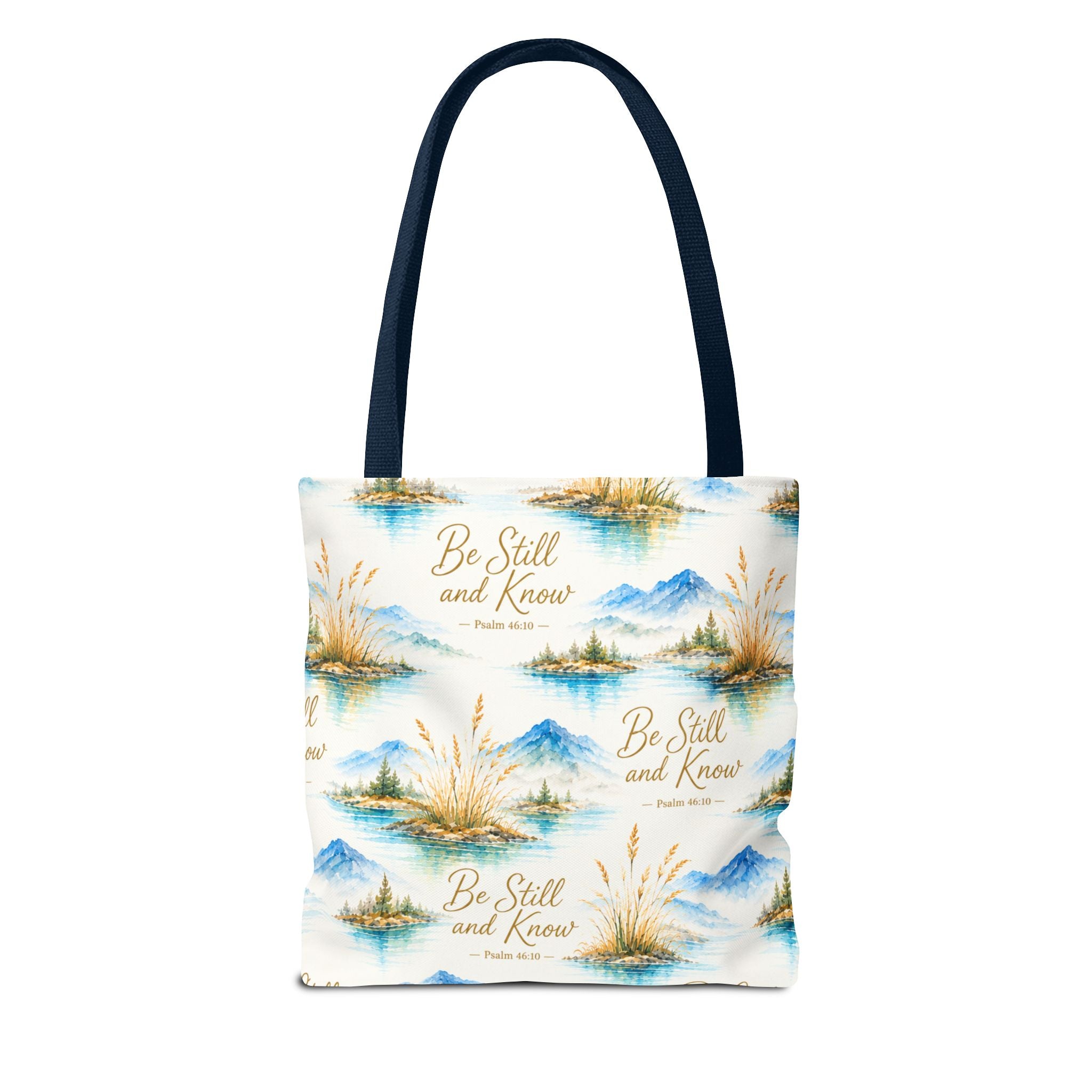 Be Still and Know Tote Bag — Scenic Watercolor Mountains & Reeds All-Over Print