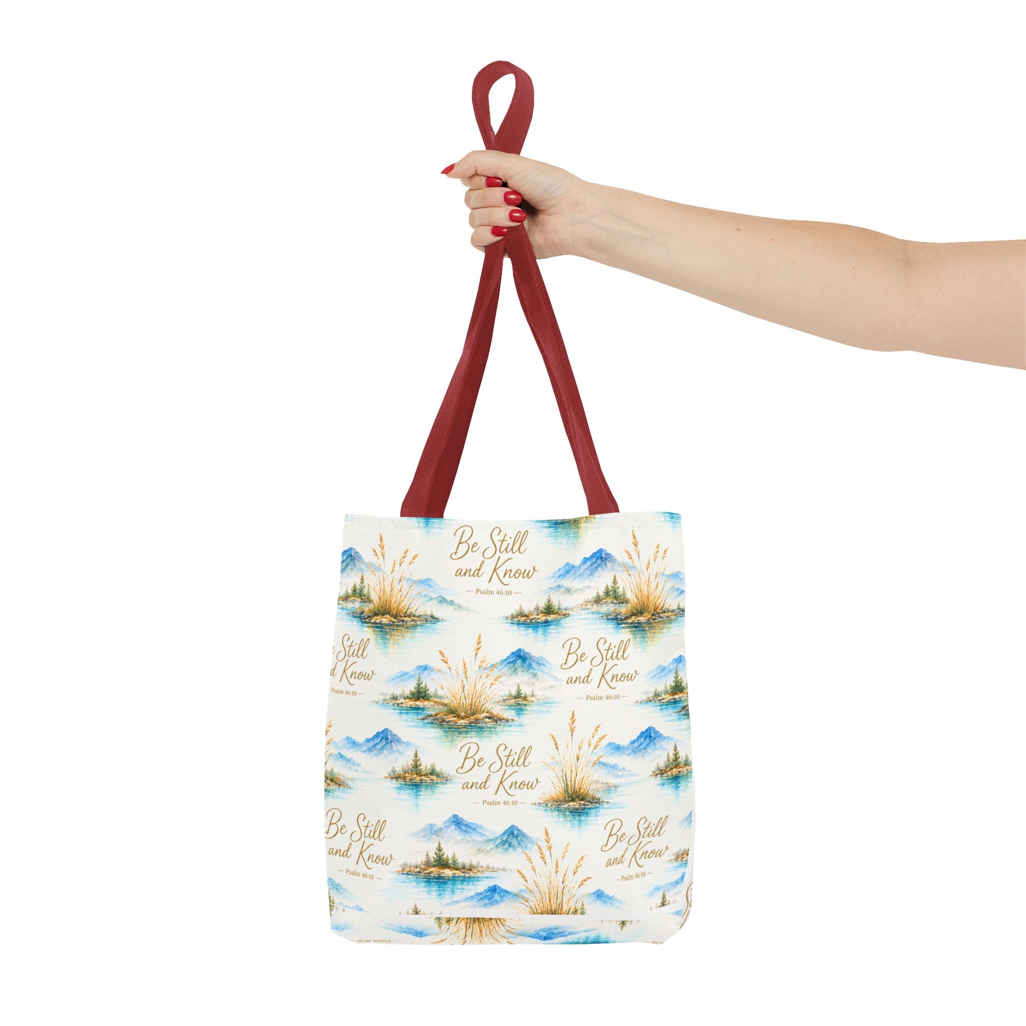 Be Still and Know Tote Bag — Scenic Watercolor Mountains & Reeds All-Over Print