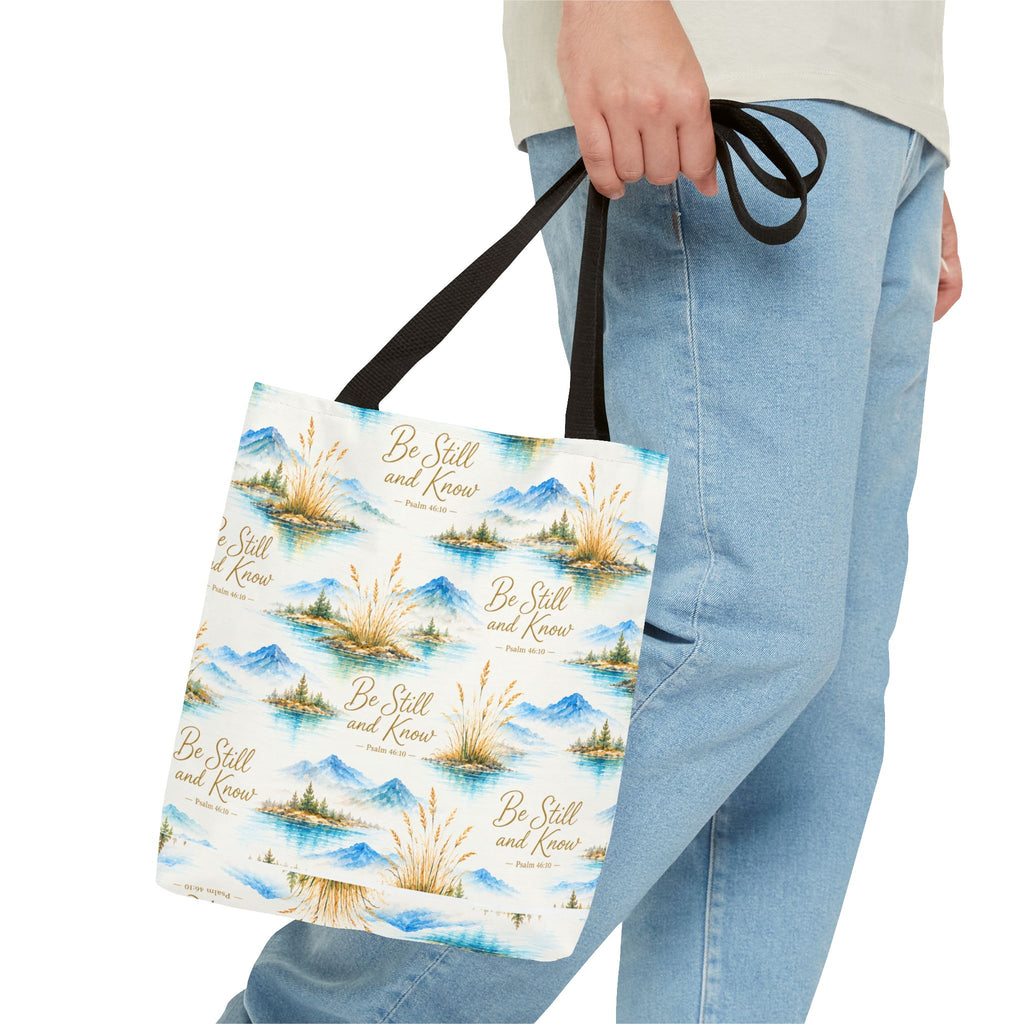 Be Still and Know Tote Bag — Scenic Watercolor Mountains & Reeds All-Over Print