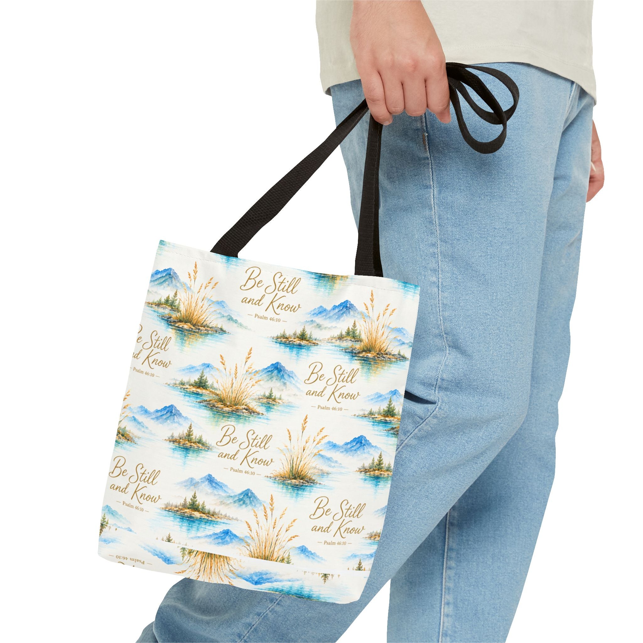 Be Still and Know Tote Bag — Scenic Watercolor Mountains & Reeds All-Over Print