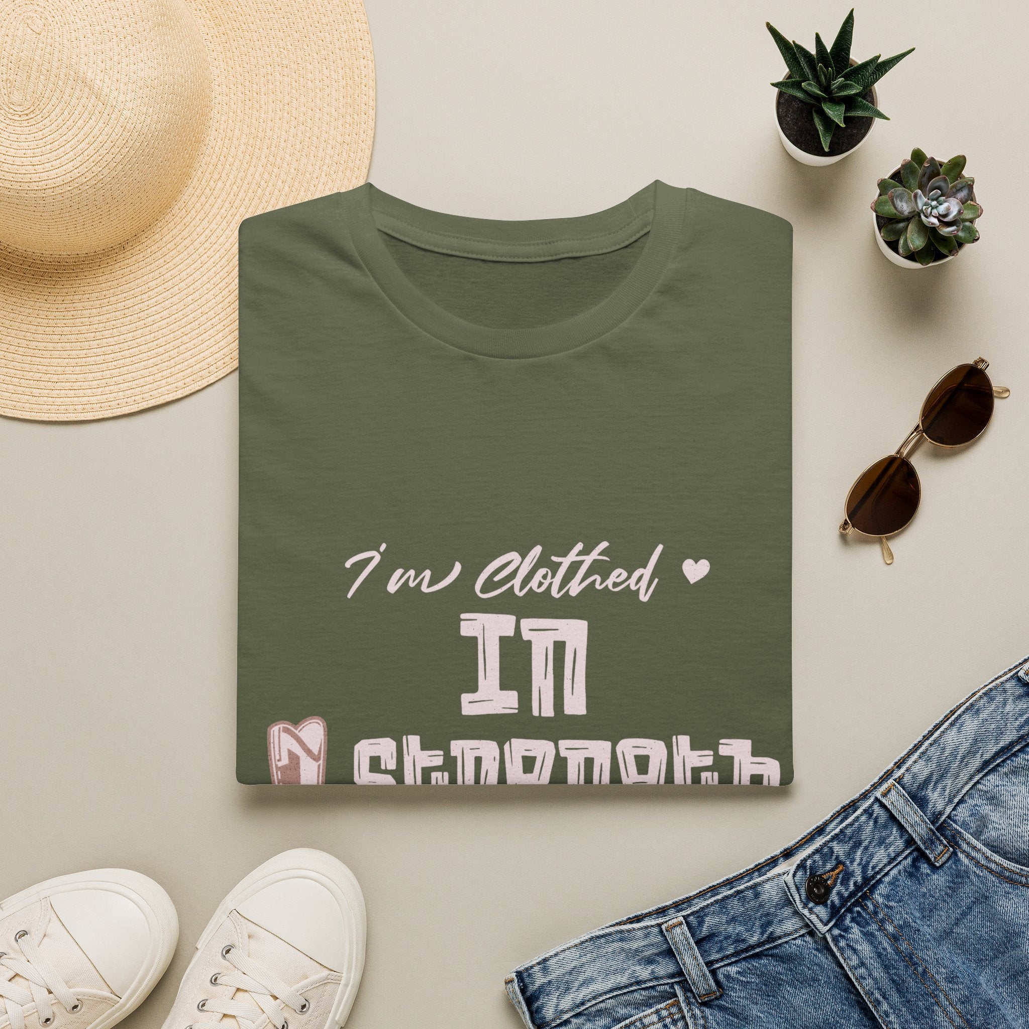 T-Shirt — “I’m Clothed in Strength” Inspirational Women’s Tee