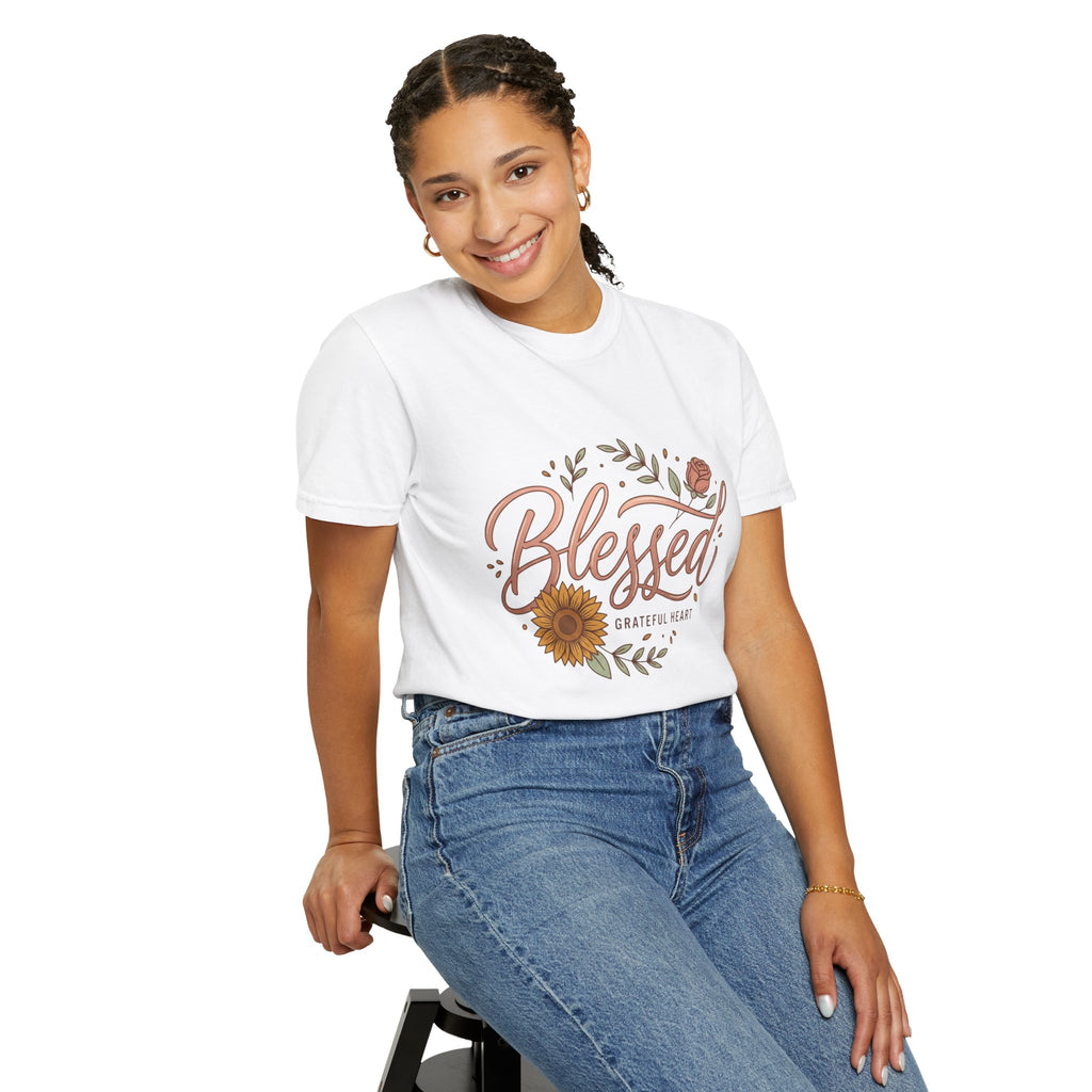 Blessed Sunflower T-Shirt — "Blessed, Grateful Heart" Floral Faith Tee