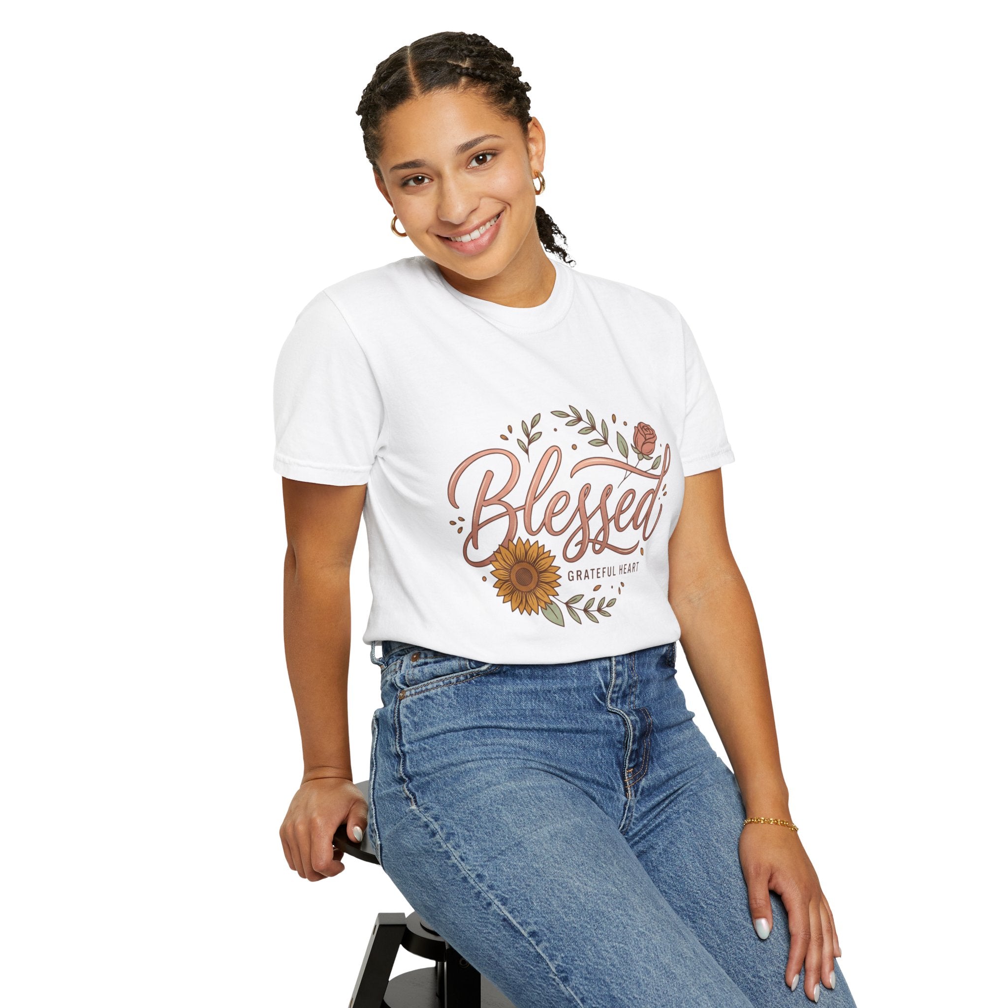 Blessed Sunflower T-Shirt — "Blessed, Grateful Heart" Floral Faith Tee