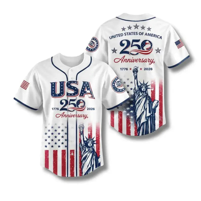 Celebrate Freedom in Style: USA 250th Anniversary Baseball Jersey with Statue of Liberty Print - Perfect for Independence Day and Beyond!
